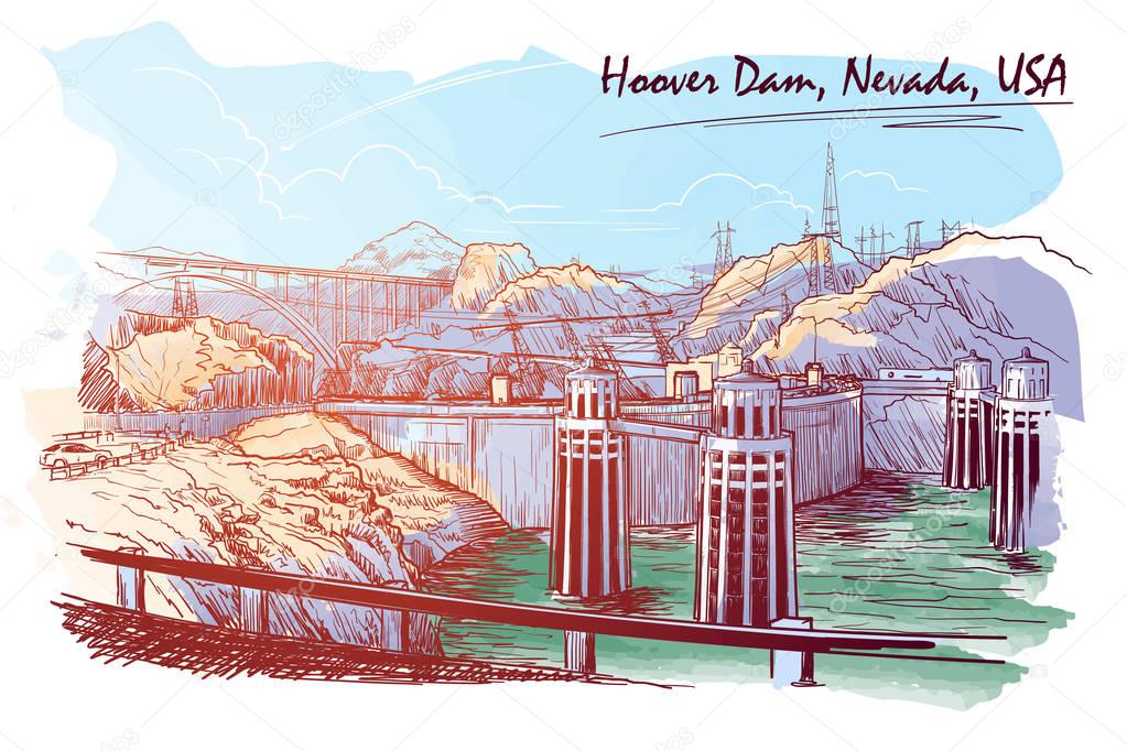 Hoover Dam stunning panoramic view Sketch drawn and painted digitally