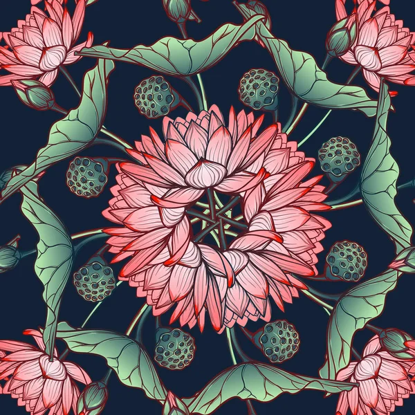 Lotus-Hintergrund. kreisförmiges Blumenmuster mit Seerosen auf tiefblauem Hintergrund. — Stockvektor