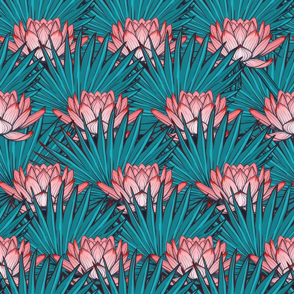 Lotus bakgrund. Sömlös blommönster med näckrosor och fläkt palm tree lämnar på djupa blå bakgrund. — Stock vektor