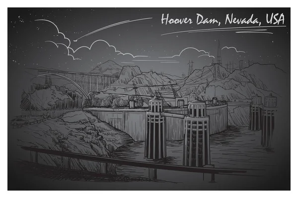Presa Hoover impresionante vista panorámica. Dibujo lineal en blanco y negro. Estilo de boceto . — Vector de stock