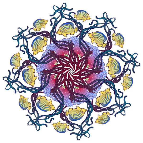 Круглый орнамент с актинией из полипа, водорослей и других морских существ в стиле модерн. Сложная композиция, яркие цвета — стоковый вектор