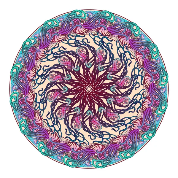 Adorno circular con Nautilus Pompilius caballo de mar y otras criaturas marinas en estilo Art Nouveau. Composición intrincada, colores brillantes — Vector de stock