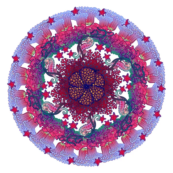 八达通、 海星和艺术风格的珊瑚礁的圆形点缀 — 图库矢量图片