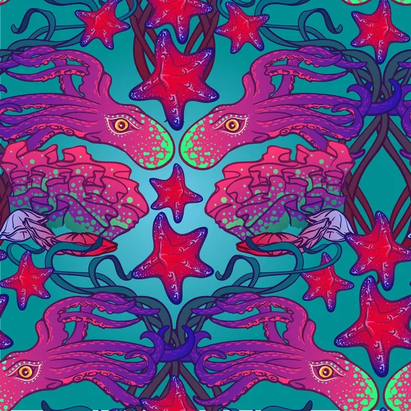 Бесшовный узор с осьминогом, морской звездой и коралловым рифом в стиле модерн. Сложная композиция, яркие цвета . — стоковый вектор