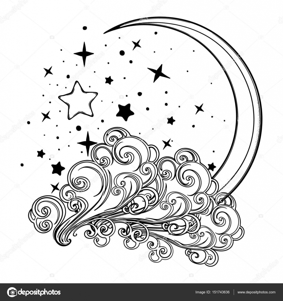 Conte de fées style croissant de lune avec un visage humain au repos sur un nuage orné bouclé avec un ciel étoilé nignht derri¨re Fond de palette pastel