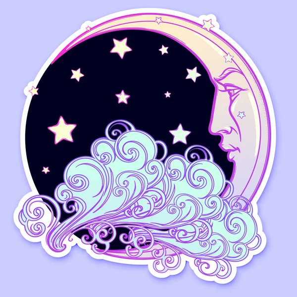 Fairytale style crescent moon with a human face resting on a curly ornate cloud with a starry nignht sky behind — Stock Vector