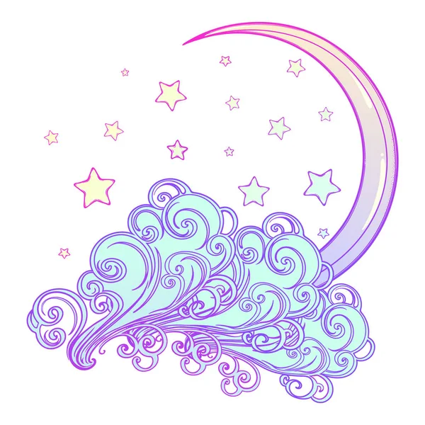 Fairytale style crescent moon with stars resting on a curly ornate cloud. Decorative element for tattoo textile prints or greeting card design. — Stock Vector