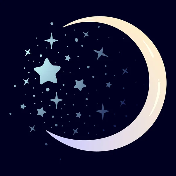 Mesebeli stílus félhold nyugszik egy starry nignht ég mögött a göndör díszes felhő — Stock Vector