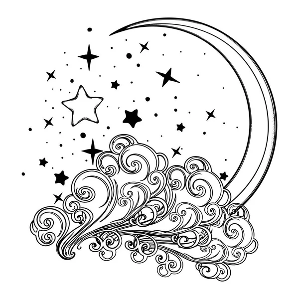 Märchenhafte Mondsichel mit einem menschlichen Gesicht, das auf einer lockigen, kunstvollen Wolke ruht, hinter der ein sternenklarer Nachthimmel steht. Pastellpalette, weißer Hintergrund. nahtloses Muster. — Stockvektor