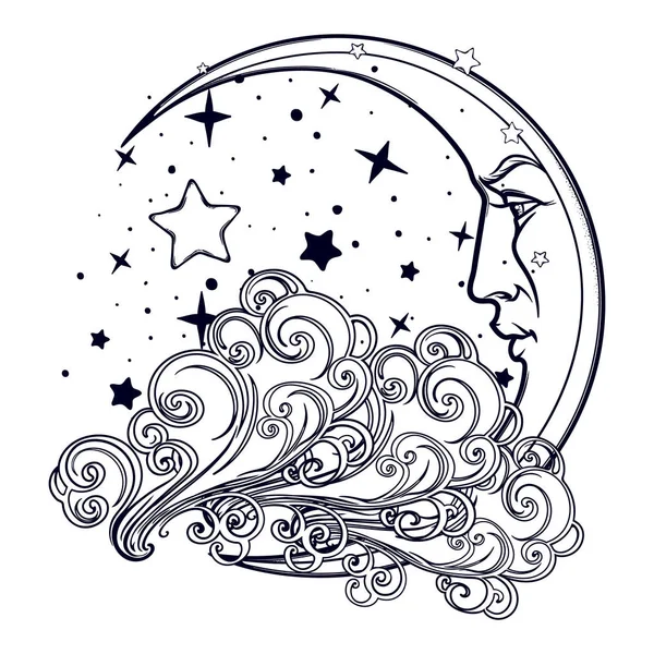 Märchenhafte Mondsichel mit einem menschlichen Gesicht, das auf einer lockigen, kunstvollen Wolke ruht, hinter der ein Sternenhimmel steht — Stockvektor