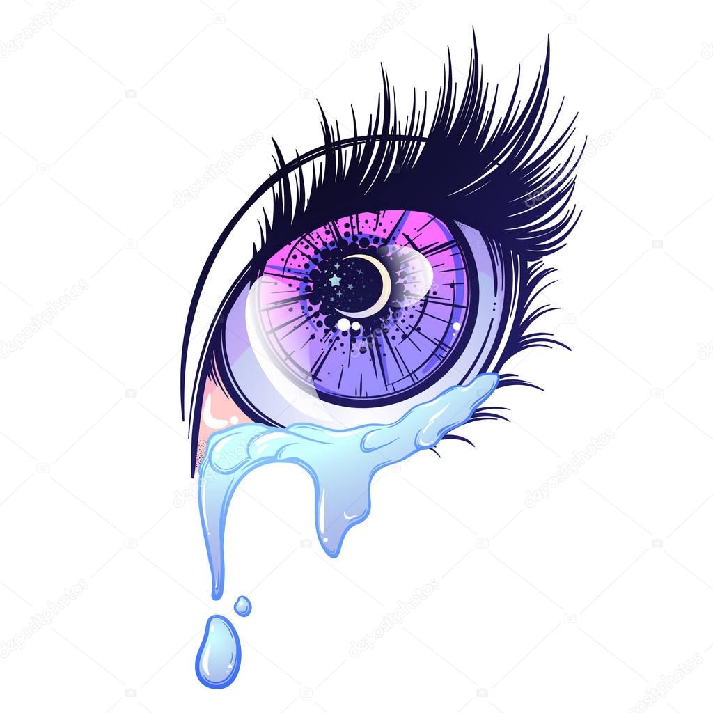 Crying eye in anime or manga style with teardrops and reflections. Highly detailed vector illustration.