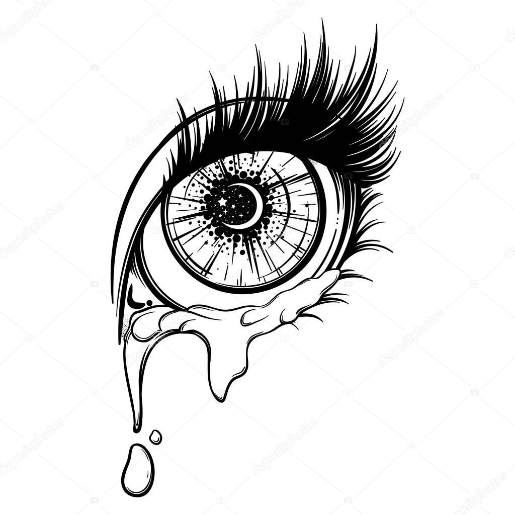 Crying eye in anime or manga style with teardrops and reflections. Highly detailed vector illustration.