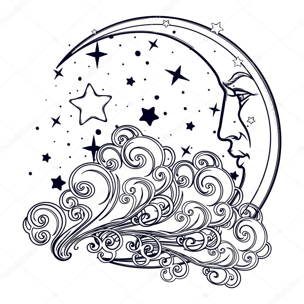 Fairytale style crescent moon with a human face resting on a curly ornate cloud with a starry nignht sky behind