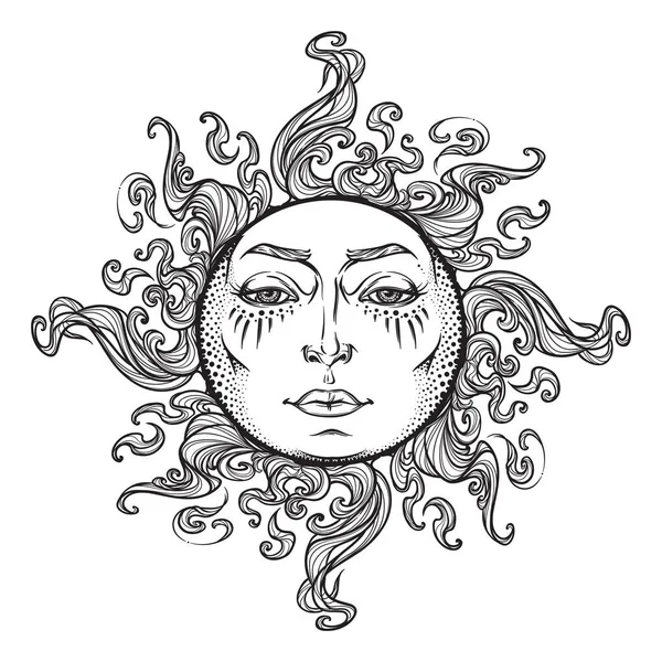 Pohádkový styl ručně tažené slunce s lidskou tváří. — Stockový vektor