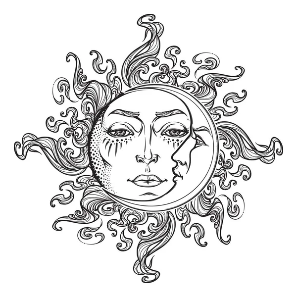 Märchenhaft gezeichnete Sonne und Mondsichel mit menschlichem Antlitz. — Stockvektor