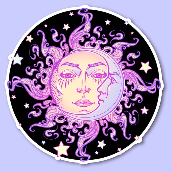 Pegatina decorativa. Estilo cuento de hadas dibujado a mano sol y luna creciente con un rostro humano sobre un fondo nocturno estrellado. Elemento decorativo de estilo gráfico de color pastel . — Vector de stock