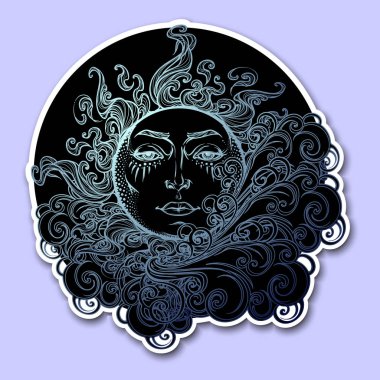 Dekoratif etiket. Fairytale stil güneş kıvırcık süslü bulutların dinlenme bir insan yüzü. Dövme Tekstil baskı veya tebrik kartı tasarımı için dekoratif öğe