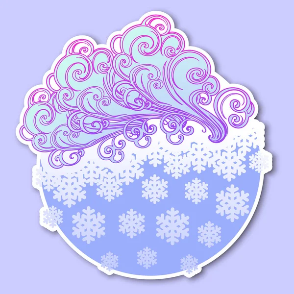 Παραμύθι στυλ χειμερινή εορταστική αυτοκόλλητο. Σγουρά περίτεχνα σύννεφα με μια πτώση νιφάδες χιονιού. Πρόγνωση καιρού εικονίδιο. Χριστουγεννιάτικη διάθεση. Παστέλ παλέτα. — Διανυσματικό Αρχείο