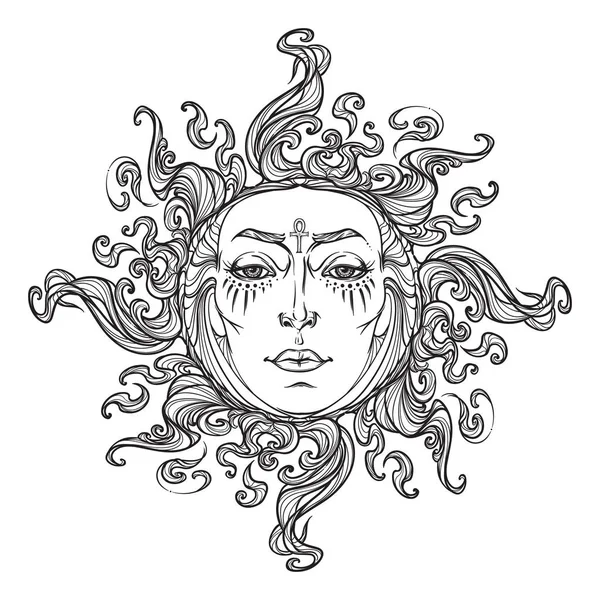 Fairytale style hand drawn sun with a human faces. — Stock Vector