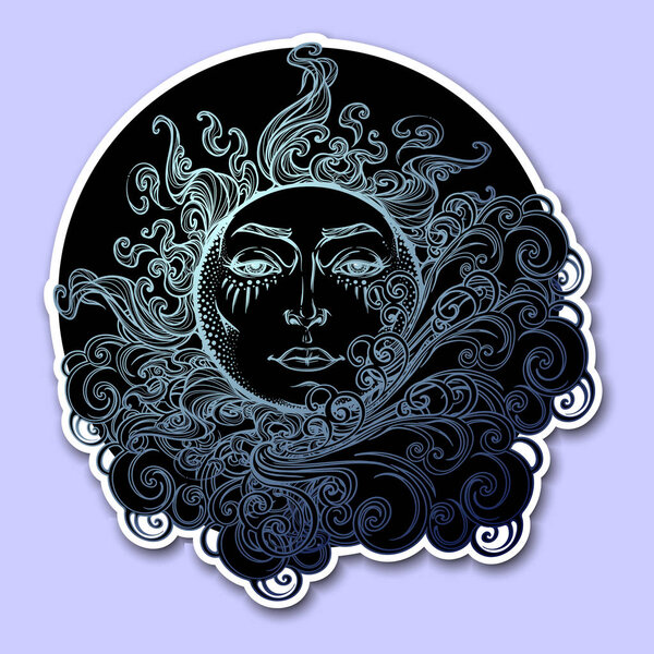 Decorative sticker. Fairytale style sun with a human face resting on a curly ornate cloud. Decorative element for tattoo textile prints or greeting card design