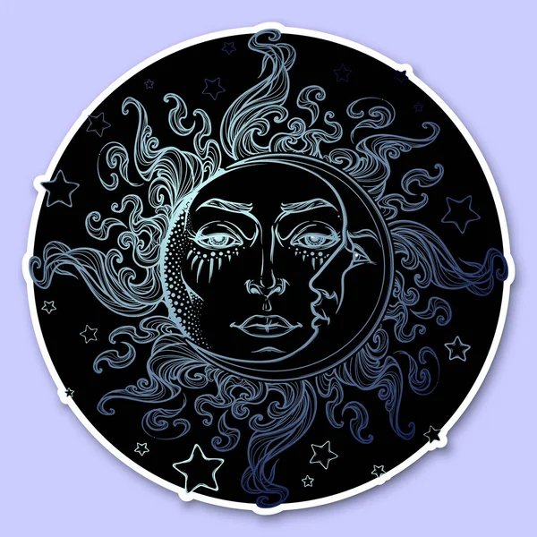 Decoratieve sticker. Fairytale stijl hand getekend zon en wassende maan met een menselijk gezicht op de achtergrond van een Sterrennacht. Afbeeldingsstijl decoratief element. — Stockvector