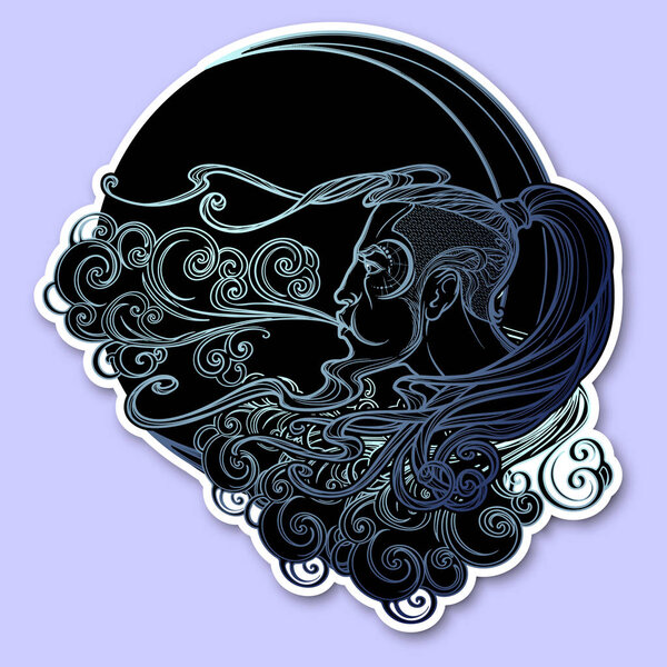 Antique style cartography Boreas wind icon. Male head resting on a curly ornate cloud and blowing wind . Decorative element for tattoo textile prints.