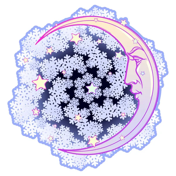 Παραμύθι στυλ χειμώνα μισοφέγγαρο με ένα ανθρώπινο πρόσωπο και νιφάδες χιονιού στη μέση. Σχεδιασμό τατουάζ ή Ευχετήρια κάρτα. — Διανυσματικό Αρχείο