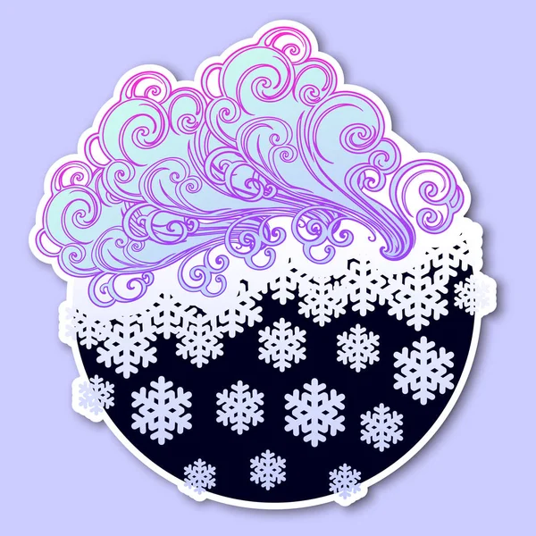 Märchenhafter Winterfestaufkleber. lockig verzierte Wolken mit fallenden Schneeflocken. Wettervorhersage-Symbol. Weihnachtsstimmung. Pastellpalette. — Stockvektor