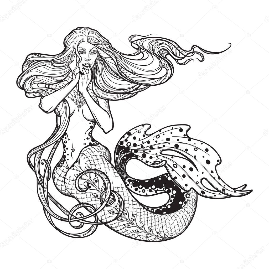 Beautiful mermaid girl sitting hand drawn artwork. Sensual and dangerous ocean siren in retro style