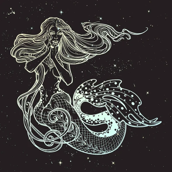 Hermosa sirena chica sentada a mano dibujada obras de arte. Sirena marina sensual y peligrosa en estilo retro — Vector de stock