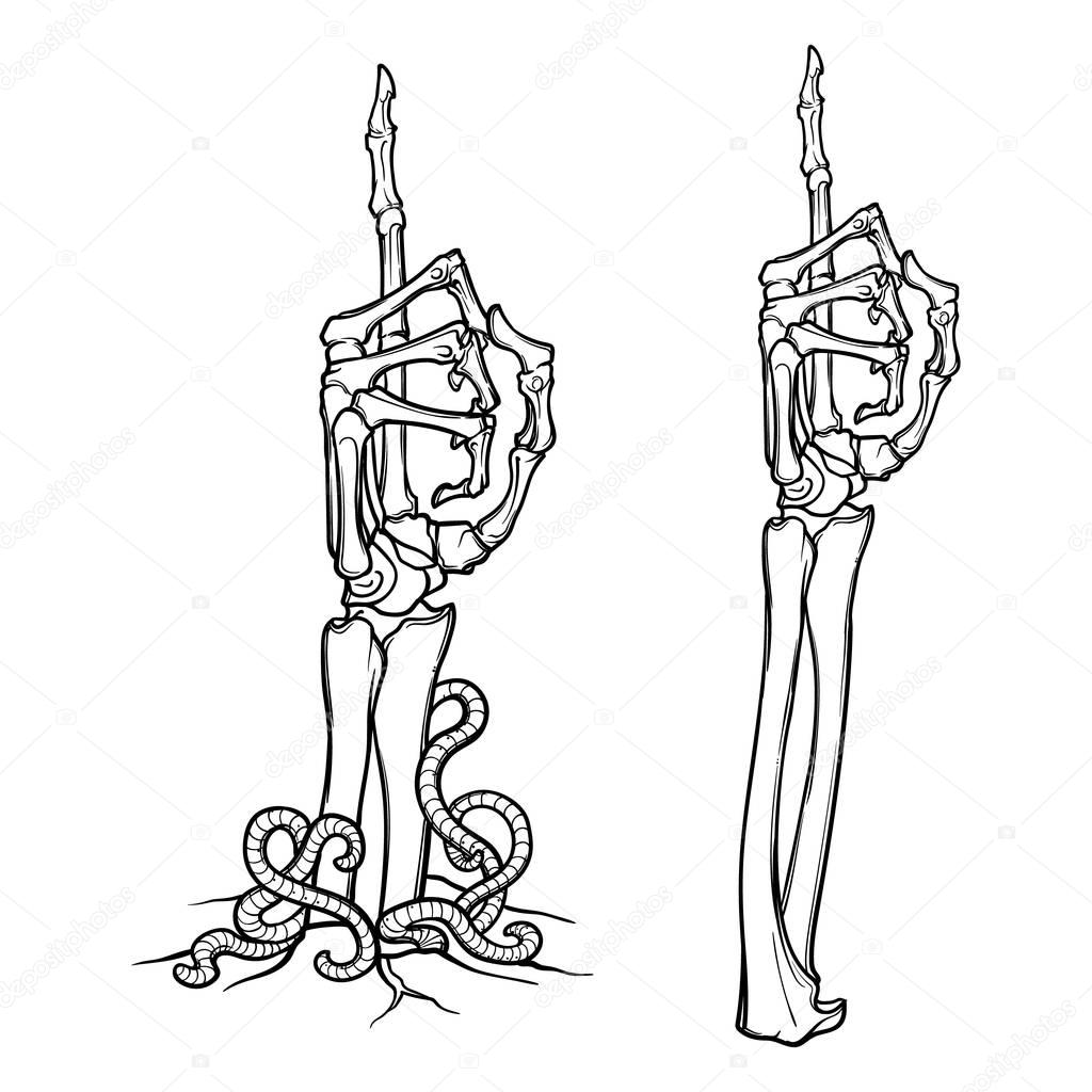 Zombie body language. Pointing finger up. Pair of skeleton hands rising from the ground and torn apart. linear drawing isolated on white background.