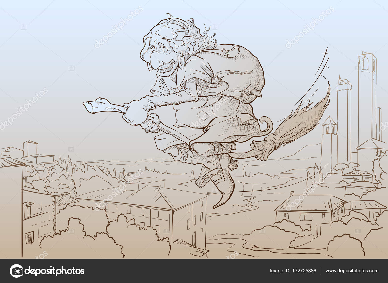 La Befana Flying Over San Gimignano Sketch Stock Vector Image By Aen Seidhe 172725886