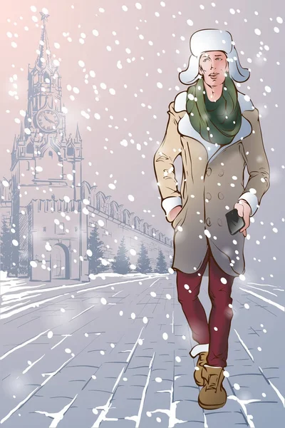 Guy dans un hiver Moscou — Image vectorielle