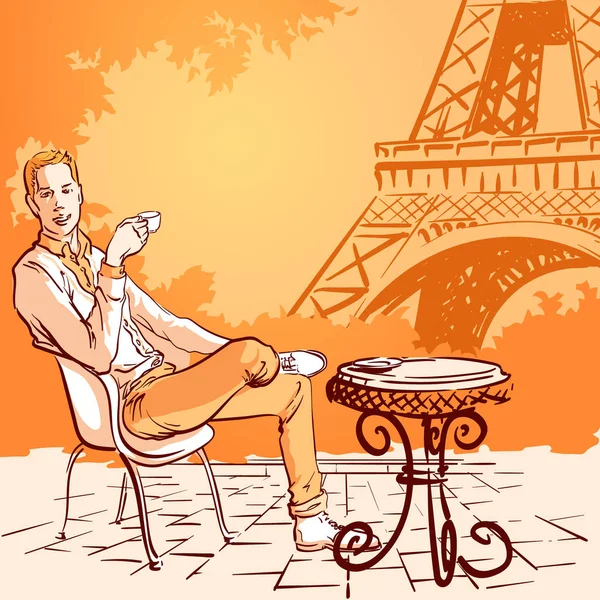 Junger Mann trinkt Kaffee in Paris monochrom — Stockvektor