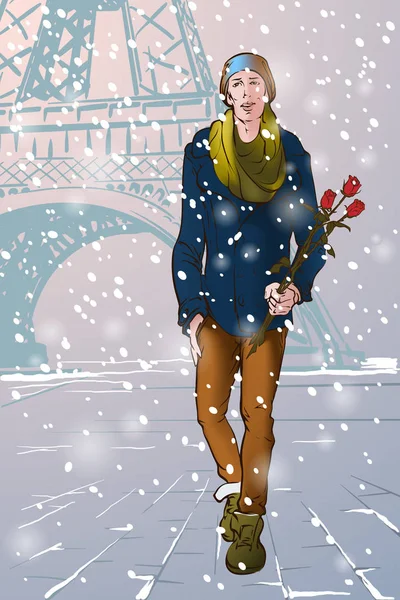 Kerl im winterlichen Paris — Stockvektor