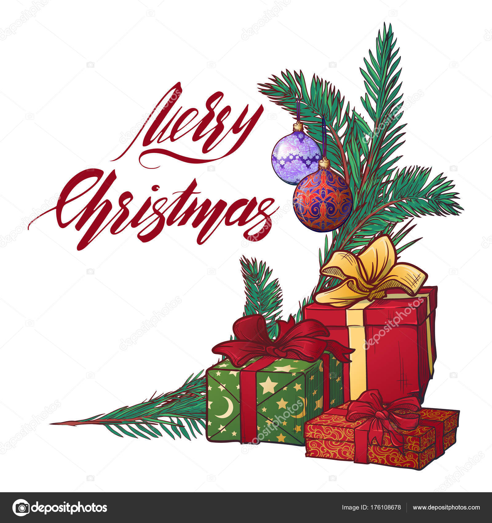 Decorate scatole regalo di abete il brunch e scritte a mano segno di buon Natale Disegni a mano dipinte a colori vivaci accurata e calligrafia isolato su
