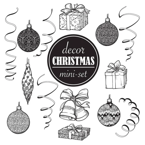 Christmas decoration set. Set of popular christmas decorative objects. Accurate brightly painted hand drawings isolated on white background