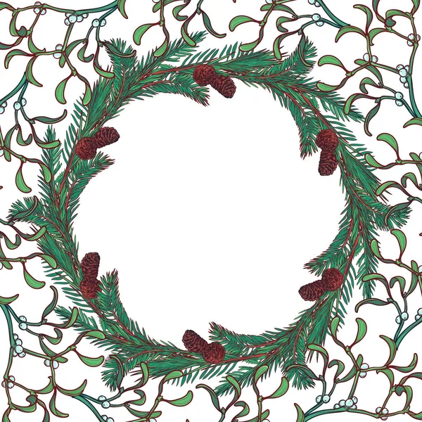 Vánoční květinové kruhového rámečku. Fir tree a jmelí větve s listy, šišky a bobule. Vánoční blahopřání šablona. — Stockový vektor