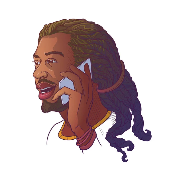 Afro-Amerikaanse jongeman met dreadlocks spreken op de telefoon en glimlachen. Gekleurde lineaire schets geïsoleerd n witte achtergrond. — Stockvector