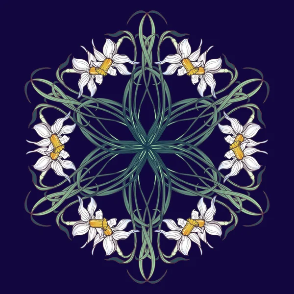 Flores de primavera. Flores de narciso entrelazadas en un intrincado ornamento circular sobre un fondo azul oscuro. Dibujo de estilo Art Nouveau. Mandala tatuaje diseño . — Vector de stock