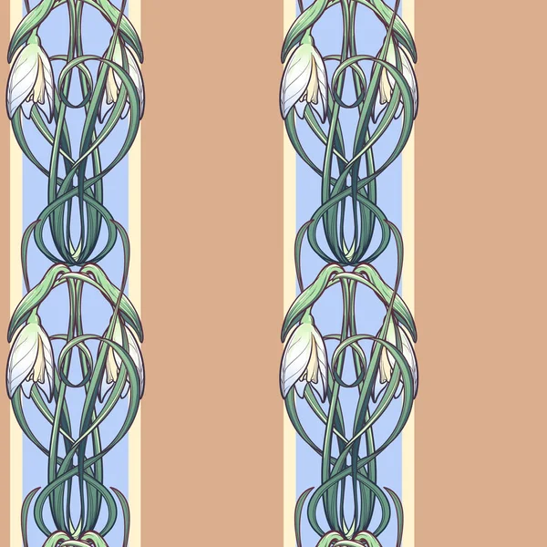 Fleurs printanières. Fleurs de goutte de neige entrelacées dans un ornement complexe sur fond rayé averticale. Dessin de style Art Nouveau . — Image vectorielle