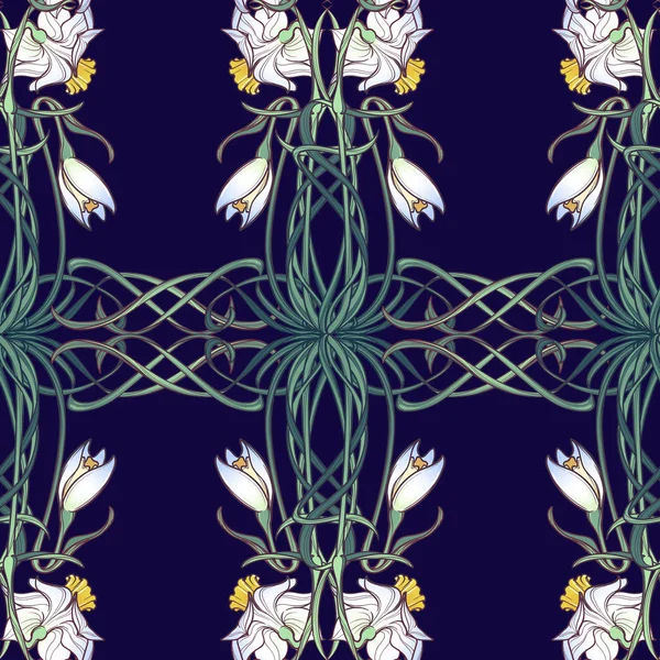 Jarní květiny. Narcis a Sněženka květiny prokládaný do složitý ornament na tmavě modrém pozadí. — Stockový vektor