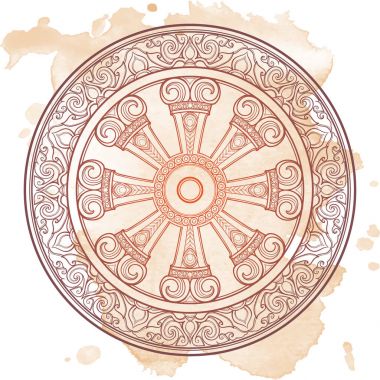 Dharma Wheel, Dharmachakra. Symbol of Buddhas teachings on the path to enlightenment, liberation from the karmic rebirth in samsara. Tattoo design. Textured background. clipart