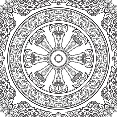 Dharma Wheel, Dharmachakra. Symbol of Buddhas teachings on the path to enlightenment, liberation from the karmic rebirth in samsara. Seamless pattern. clipart