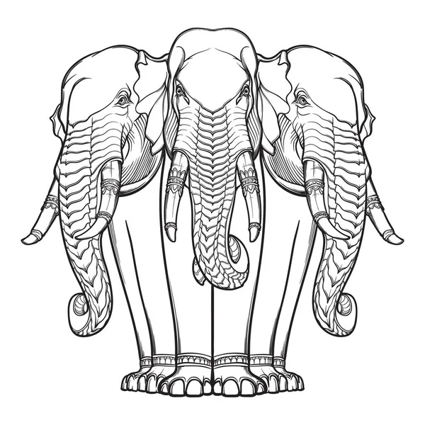 Statue de trois éléphants. Motiff populaire dans les arts et métiers asiatiques. Dessin à la main complexe isolé sur fond blanc. Conception de tatouage . — Image vectorielle