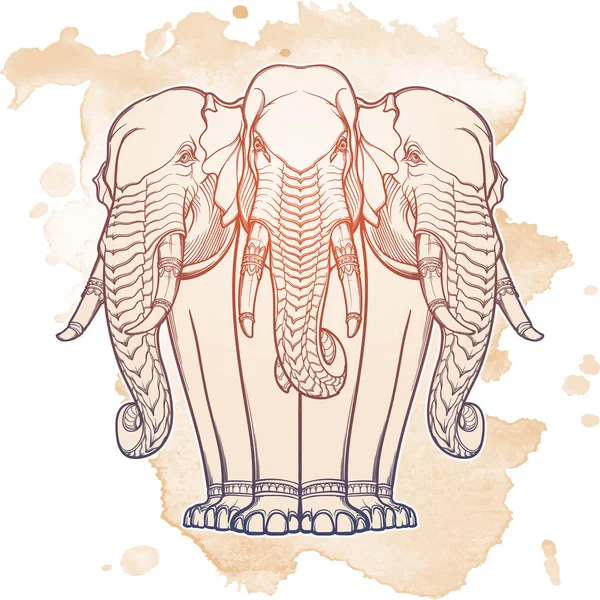 Három elefánt szobra. Népszerű motiff-ázsiai művészet és a kézművesség. Bonyolult kézi rajz elszigetelt fehér background. Tetoválás tervezés. — Stock Vector