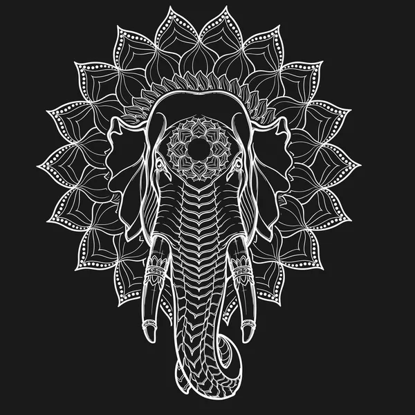 Cabeza de elefante en mandala de loto. Motivo popular en las artes y oficios asiáticos. Dibujo intrincado a mano aislado sobre fondo. Imitación de tiza en pizarra. Diseño de tatuaje . — Vector de stock