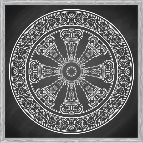 Dharma Wheel, Dharmachakra. Símbolo dos ensinamentos dos Budas no caminho para a iluminação, libertação do renascimento cármico no samsara. Desenho de tatuagem. Giz em uma imitação de quadro-negro . — Vetor de Stock