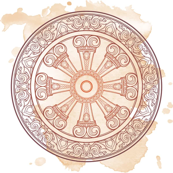 Τροχός του Ντάρμα, Dharmachakra. Σύμβολο της διδασκαλίες του Βούδα στο μονοπάτι προς τη φώτιση, την απελευθέρωση από την καρμική αναγέννηση στο samsara. Τατουάζ σχεδιασμού. Φόντο με υφή. — Διανυσματικό Αρχείο
