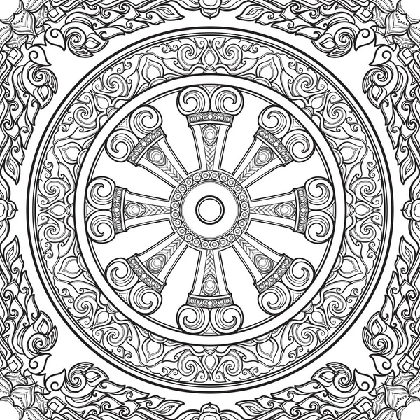 Dharma Wheel, Dharmachakra. Symbol of Buddhas teachings on the path to enlightenment, liberation from the karmic rebirth in samsara. Seamless pattern. — Stock Vector